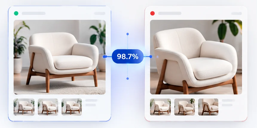 An original listing photo beside a cropped re-upload of the same chair, matched at 98.7% visual similarity